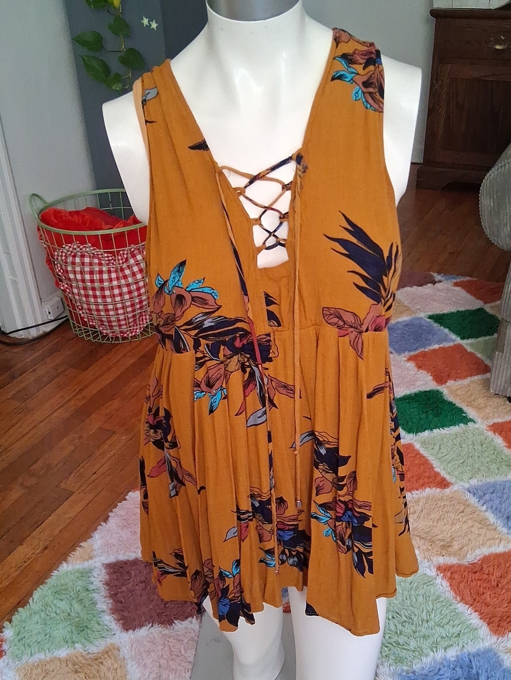 Everly Mustard Floral Lace-Up V-Neck Camisole